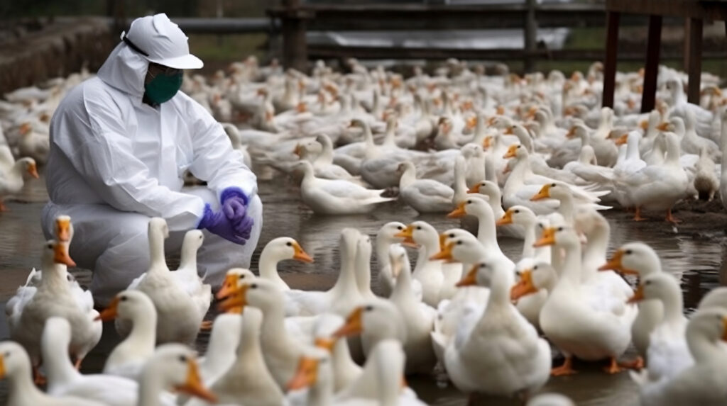 Scientist in white suit, purple gloves, and green mask looking at large group of ducks. 
Picture by Nelson.