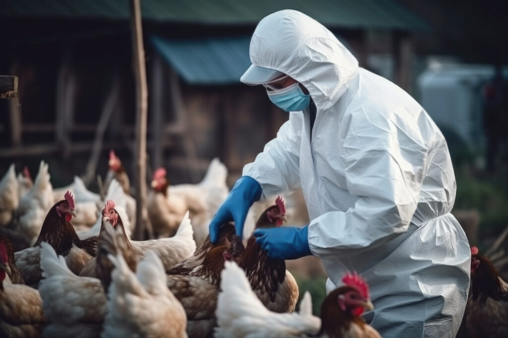 Scientist in white suit, blue rubber gloves, clear glasses, and mask examining chickens. 
Picture by Pilipphoto.