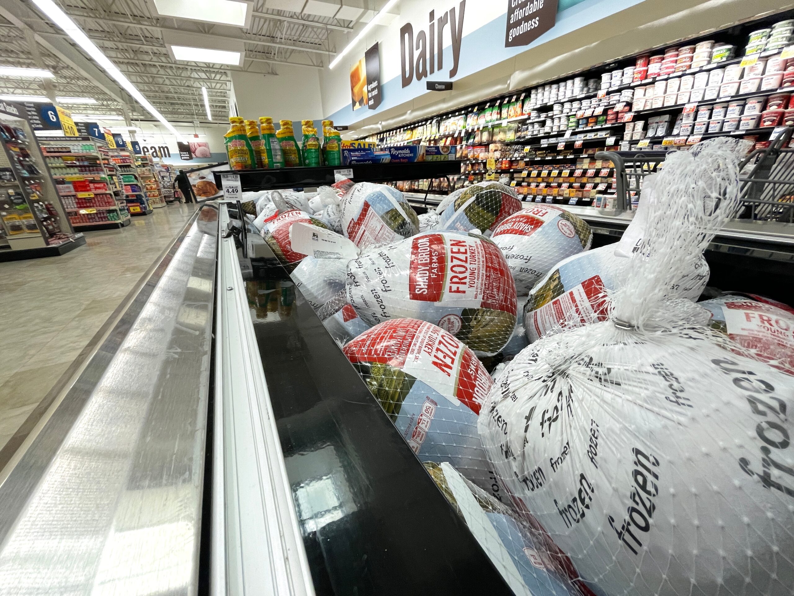 Grocery store frozen turkeys in a display case side view
By billtster