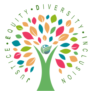 Tree with the words Justice Equity Diversity and Inclusivity creating a circle